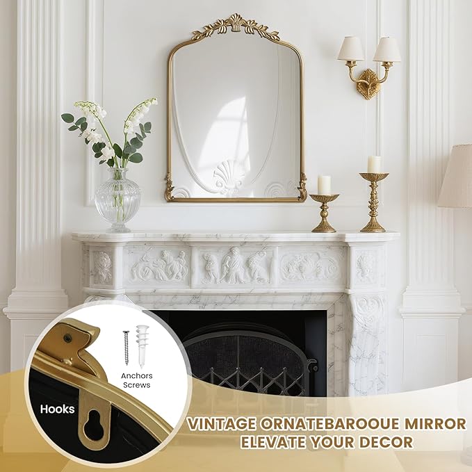 WallBeyond Gold Antique Mirror for Vanity 24x32 Inch, Gold Vintage Mirror with Ornate Frame, Arched Vintage Wall for Bathroom, Living Room, Fireplace