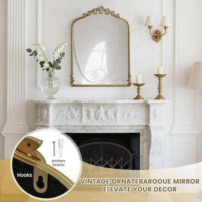 WallBeyond Gold Antique Mirror for Vanity 24x32 Inch, Gold Vintage Mirror with Ornate Frame, Arched Vintage Wall for Bathroom, Living Room, Fireplace