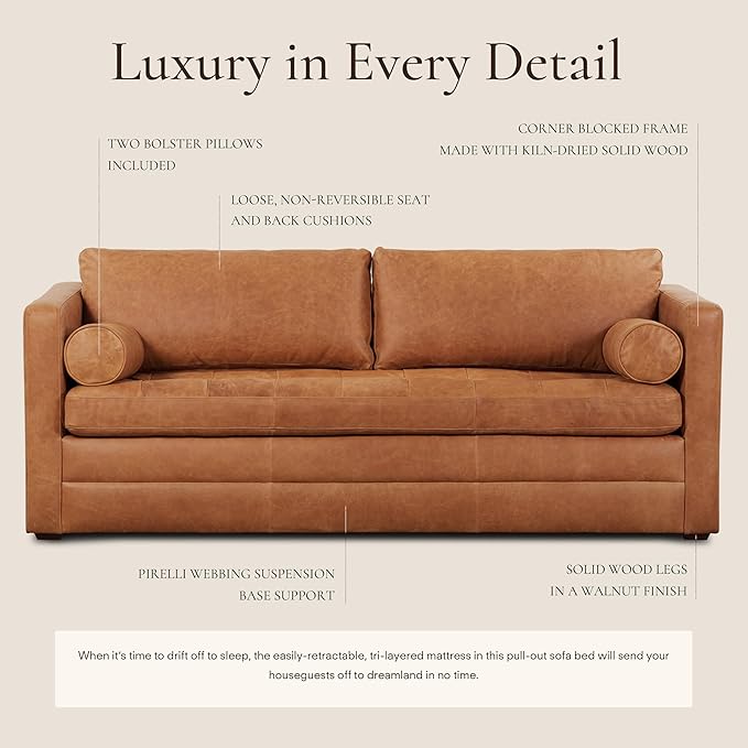 POLY & BARK Napa 82" Pull-Out Convertible Sleeper Sofa in Full-Grain Pure-Aniline Italian Leather, Cognac Tan