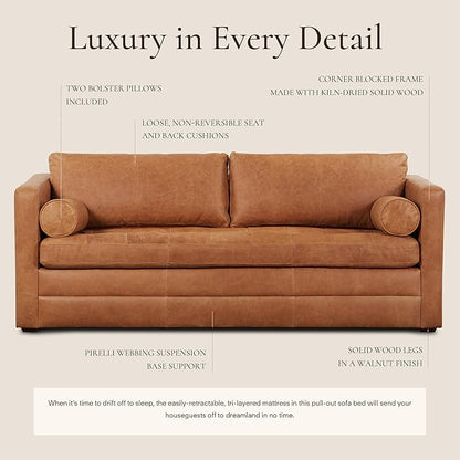 POLY & BARK Napa 82" Pull-Out Convertible Sleeper Sofa in Full-Grain Pure-Aniline Italian Leather, Cognac Tan