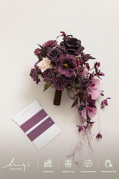 Ling's moment Purple Bridal Bouquet Cascading, Plum Wedding Bouquets for Bride, 13 Inch Bride Bouquets for Wedding Artificial Flowers Bouquets