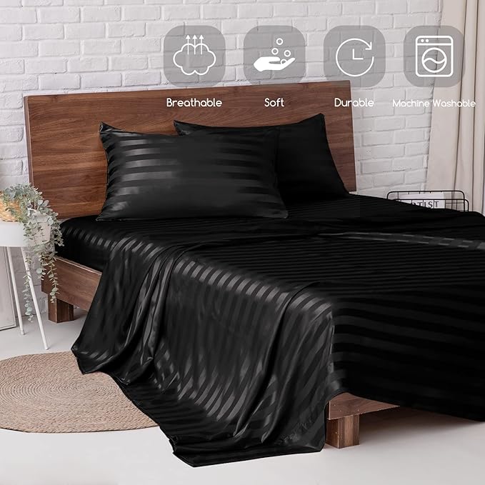 MR&HM Satin Bed Sheets, Full Size Sheets Set, 4 Pcs Silky Bedding Set with 15 Inches Deep Pocket for Mattress (Full, Black Striped)