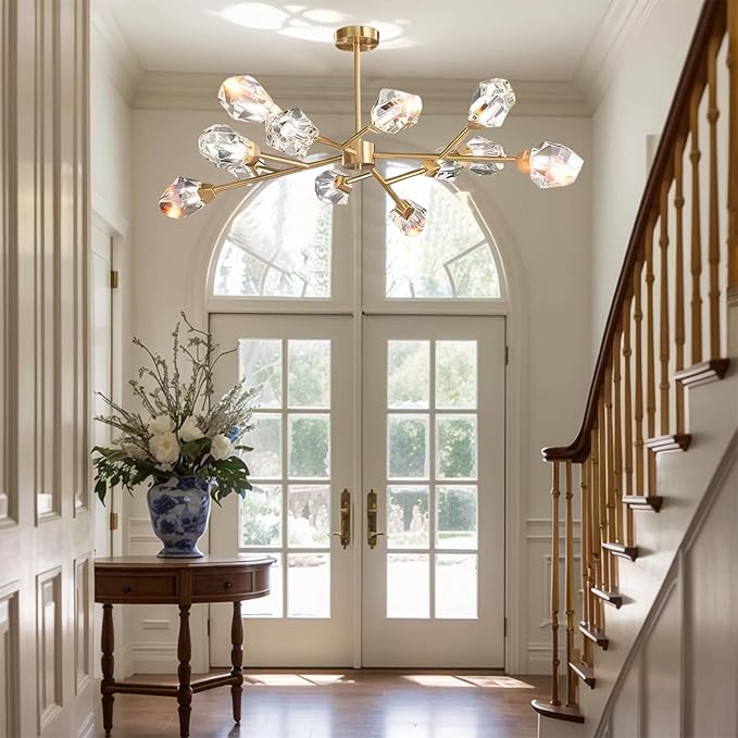 Mid Century Modern Chandelier Sputnik Crystal Chandeliers Ceiling Light Fixtures 12-Light Brass Gold Pendant Lighting for Dining Room, Kitchen Island, Living Room, AP-RYX-12LGBL