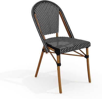 Martha Stewart Lily Pond Indoor Outdoor Stackable Aluminum Bistro Outdoor Chair with Natural Woodgrain Frame Finish and Black/White Woven Rattan Backrest and Seat