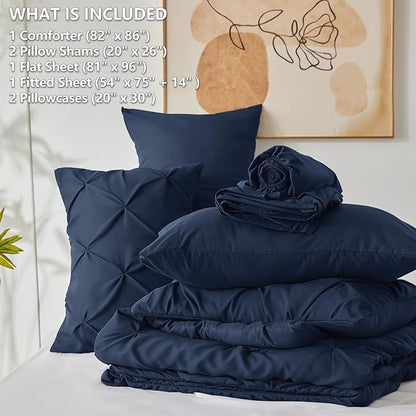 CozyLux Full Size Comforter Sets Navy Blue, 7 Pieces Pintuck Bed in A Bag Blue Comforter Full Size, Pinch Pleat Bedding Sets with All Season Comforter, Sheets, Pillowcases & Shams