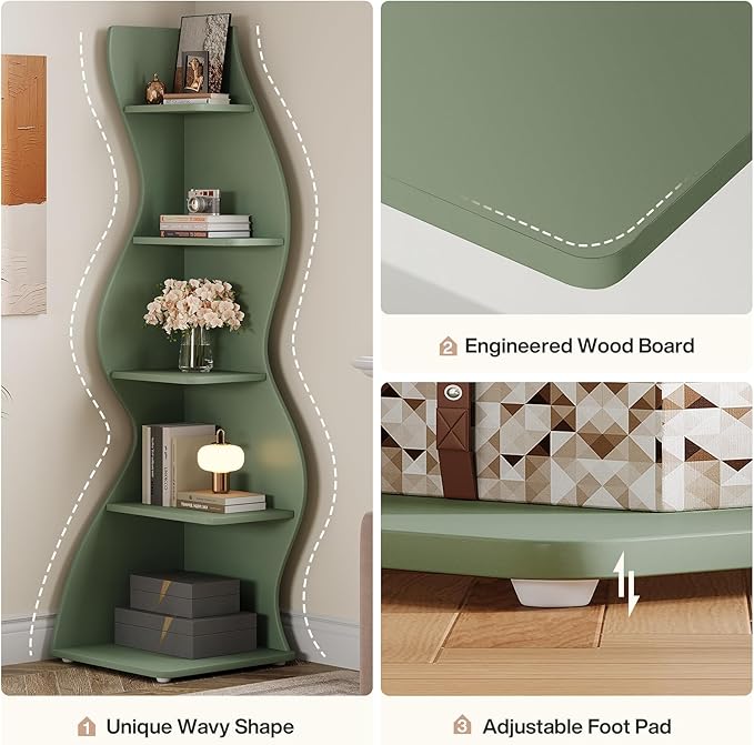 Tribesigns Wavy Corner Shelf, Modern 5-Tier Bookshelf Bookcase with Curvy Shape, Unique Plant Stand Display Rack for Living Room Small Space (Green)