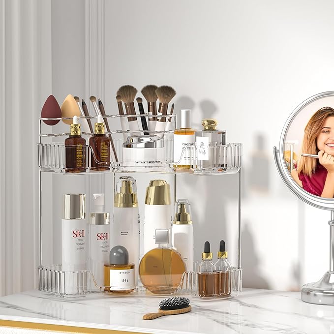 SUNZOS Bathroom Counter Organizer, 2-Tier Corner Bathroom Organizer Countertop with Makeup Brush Holder, Vanity Makeup Cosmetic Storage, Corner Storage for Kitchen, Dresser