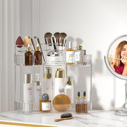 SUNZOS Bathroom Counter Organizer, 2-Tier Corner Bathroom Organizer Countertop with Makeup Brush Holder, Vanity Makeup Cosmetic Storage, Corner Storage for Kitchen, Dresser