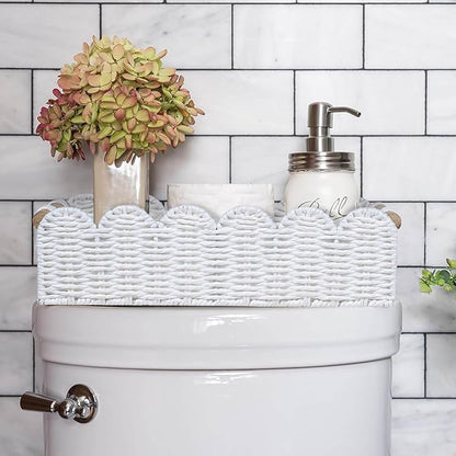 CubesLand Scalloped Edge Toilet Paper Storage Basket, Living Room Home Cozy Decor Basket, Paper Rope Small Baskets for Over Toilet Storage Shelf, Shelves, with 2 Wooden Handles, White