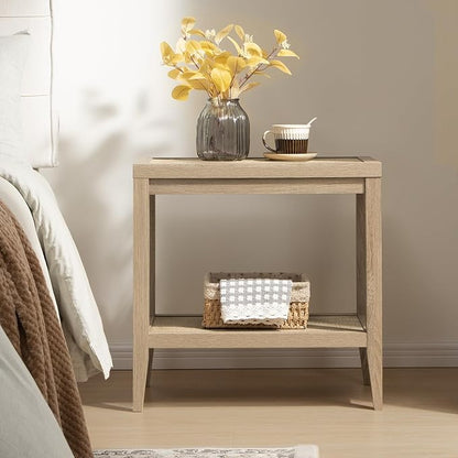 SICOTAS Boho Rattan Nightstand Bedside Table - Farmhouse Narrow Accent End Table, Light Oak