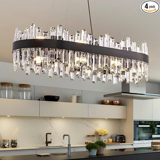 Siljoy Modern Crystal Chandelier for Dining Room, 16-Light Black Oval 2-Tiers Crystal Raindrop Chandelier, Farmhouse Dimmable Crystal Pendant Ceiling Light for Living Room Kitchen Island L35.4''