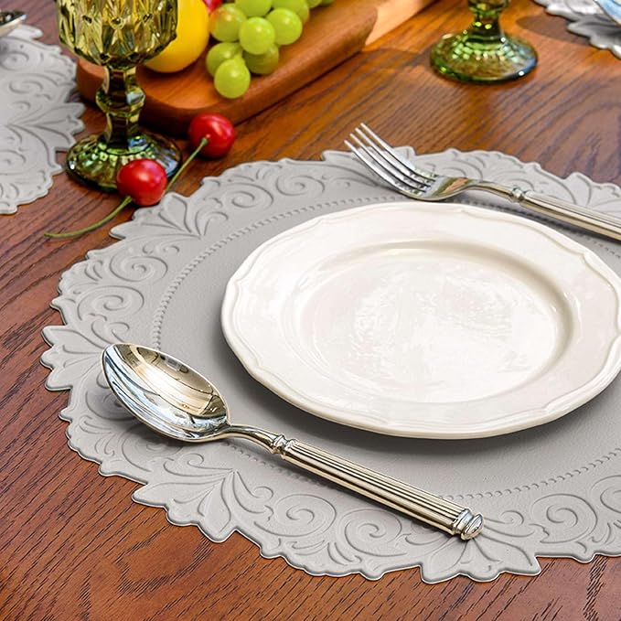 Noctiflorous Round Faux Leather 15 Inch Placemats Set of 4 Waterproof Wipeable Heat Resistant Tablemat for Dining Table Kitchen Non Slip Oilproof Table Place Mat for Indoor Outdoor(Grey, 4)