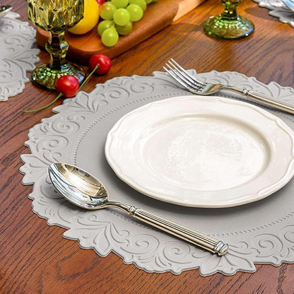 Noctiflorous Round Faux Leather 15 Inch Placemats Set of 4 Waterproof Wipeable Heat Resistant Tablemat for Dining Table Kitchen Non Slip Oilproof Table Place Mat for Indoor Outdoor(Grey, 4)