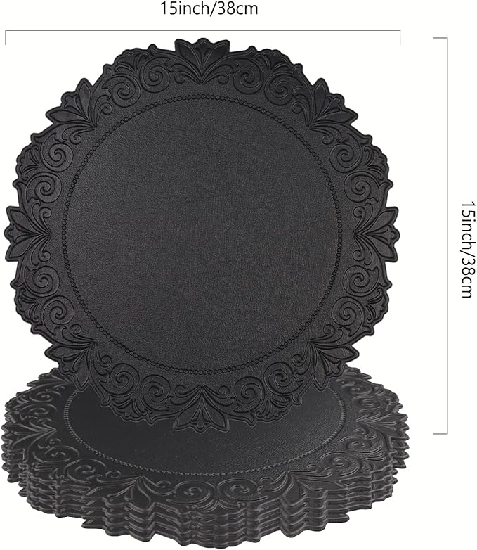 Noctiflorous Round Faux Leather 15 Inch Placemats Set of 4 Waterproof Wipeable Heat Resistant Tablemat for Dining Table Kitchen Non Slip Washable Oilproof Table Place Mat for Indoor Outdoor(Black, 4)