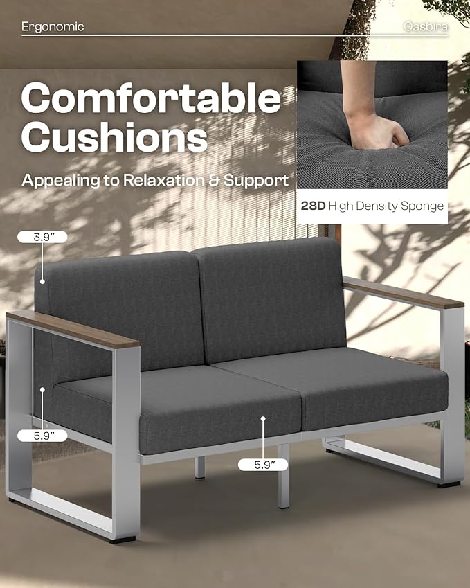 Outdoor Furniture Set, 5 Piece Aluminum Patio Furniture Set with Table, Wide Seat and Thick Cushions, Outdoor Seating Patio Conversation Sets for Deck, Porch (Darkgray)