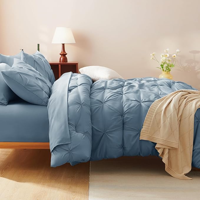 CozyLux Full Size Comforter Sets Mineral Blue, 7 Pieces Pintuck Bed in A Bag Blue Comforter Full Size, Pinch Pleat Bedding Sets with All Season Comforter, Flat Sheet, Fitted Sheet, Pillowcases & Shams