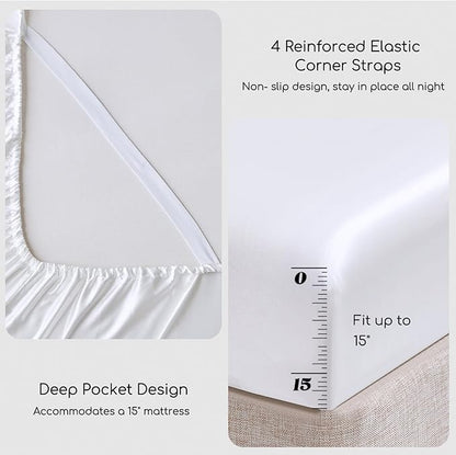 MR&HM Satin Bed Sheets, California King Size Sheets Set, 4 Pcs Silky Bedding Set with 15 Inches Deep Pocket for Mattress (California King, White)