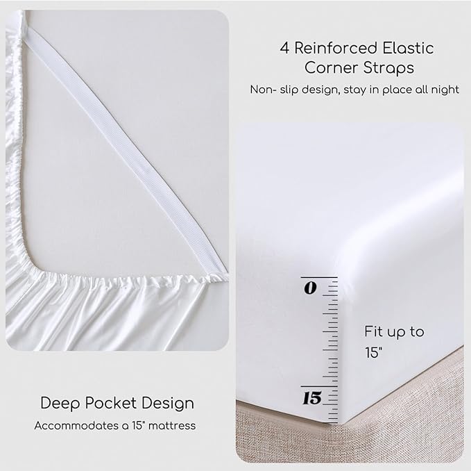 MR&HM Satin Bed Sheets, Twin XL Size Sheets Set, 3 Pcs Silky Bedding Set with 15 Inches Deep Pocket for Mattress (Twin XL, White)