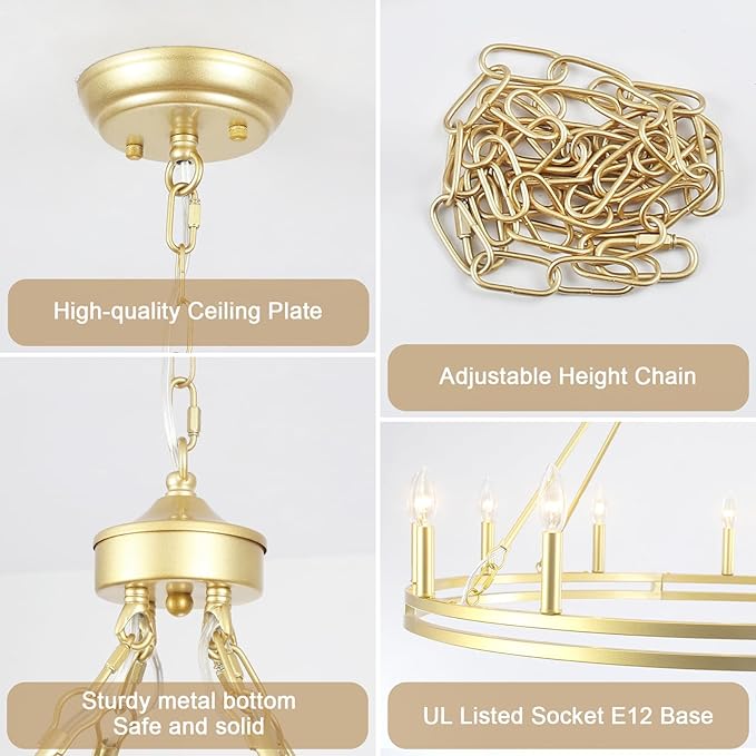 12-Light Wagon Wheel Chandelier 38 inch Large Gold Chandeliers for High Ceilings Round Farmhouse Gold Light Fixtures Over Table Rustic Hanging Light for Dining Room,Foyer,Living Room,Outdoor