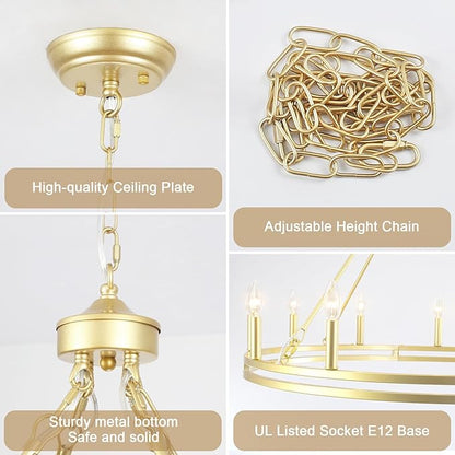 12-Light Wagon Wheel Chandelier 38 inch Large Gold Chandeliers for High Ceilings Round Farmhouse Gold Light Fixtures Over Table Rustic Hanging Light for Dining Room,Foyer,Living Room,Outdoor