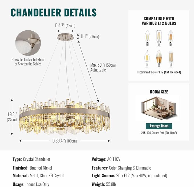 Siljoy 39.4'' Modern Crystal Chandelier, Luxury Large Nickel 2-Tiers Raindrop Chandelier, Adjustable Flush Mount Pendant Ceiling Light for Living Dining Room Foyer Entryway E12 x 20
