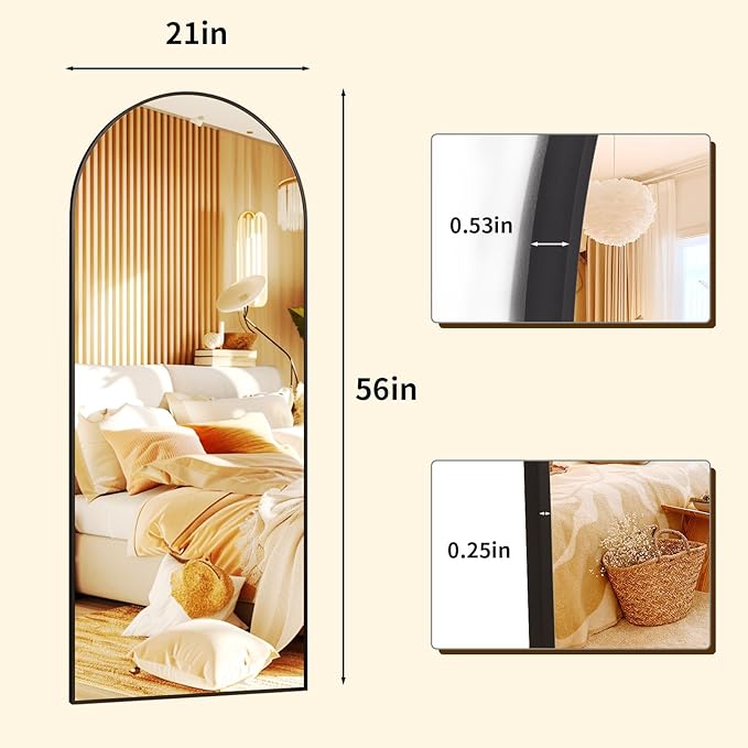 56"x21" Arched Full Length Mirror Floor Mirrors with Aluminum Alloy Frame Free-Standing Wall Mounted Floor Mirrors or Large Dressing Mirror, Black Mirror Full Length