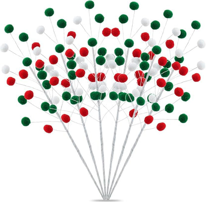 6 Pcs Pom Poms Christmas Decorations & Felt Christmas Picks and Sprays DIY Xmas Tree Toppers, Festive Tree Filler & Decor (Xmas Color)