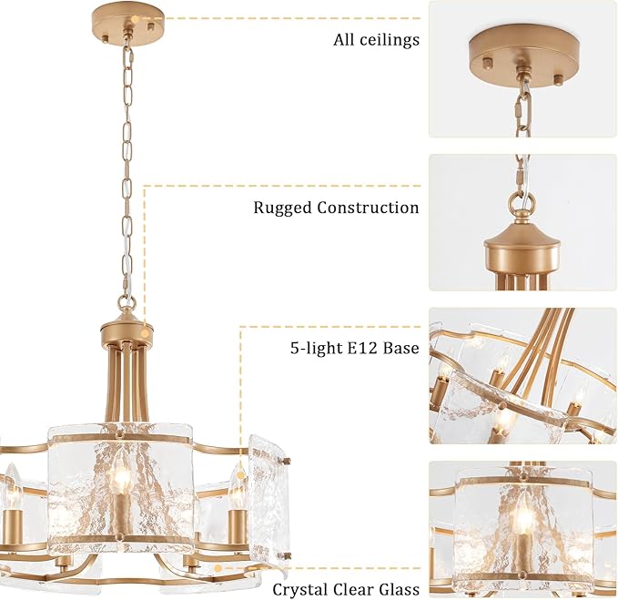 5-Light Gold Glass Chandelier for Dining Room, Modern Textured Glass Light Fixture Gold Chandeliers, Drum Round Chandelier for Kitchen Island Living Room Foyer Bedroom, E12