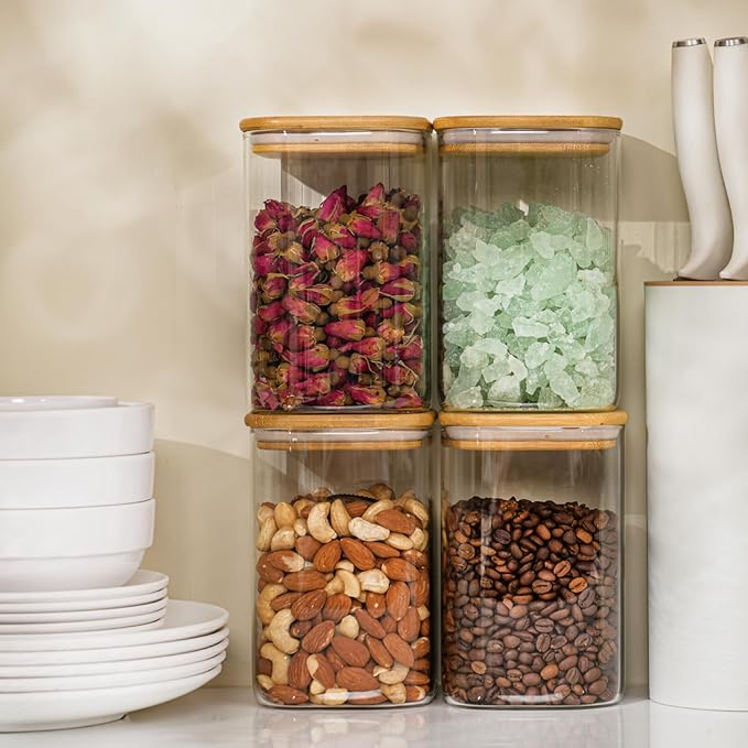 37oz Airtight Glass Square Storage Canister with Bamboo Lid Set of 4 (1100ml) Container Stackable Jar, Kitchen Canister for Pantry Noodles, Flour and Coffee beans (‎with Black Lable)