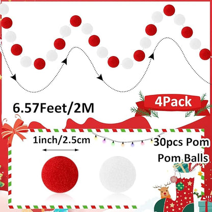 MARFOREVER 4 Pack 26.3 Feet Red and White Christmas Decorations Christmas Pom Pom Garland 30 Balls Xmas Felt Ball Garland for Xmas School Classroom Mantel Wall Home Party Decor Hanging Ornaments