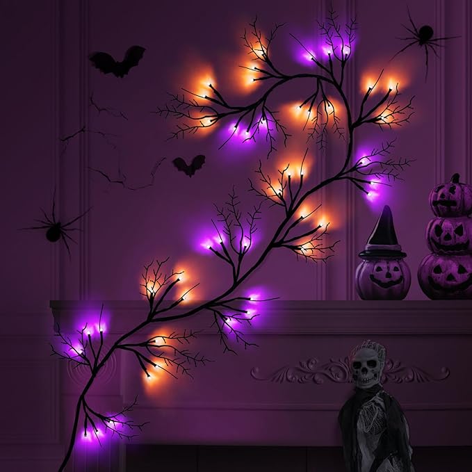 6 Ft 54 LED Halloween Willow Vine Twig Decor Garland with 8 Modes Timer Orange & Purple Lights Waterproof Battery Operated Halloween Decorations for Home Bedroom Wall Fireplace Mantle Decor