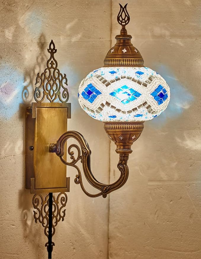 Turkish Moroccan Mosaic Plug-in Wall Sconce Lamp, Handmade Tiffany-Style Glass Globe, Ornate Brass Base, 5.2-ft Cord, Decorative Lighting for Living Room, Bedroom, Dining Room,15x5 in, White-Blue