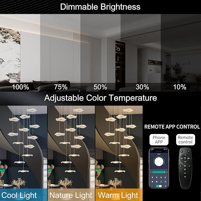 ziidoo High Ceiling Chandelier - 18-Light Dimmable Modern Gold Long Spiral Luxury Linear Lotus Leaf Led Lamp Hanging Pendant Lights for Foyer Enterway Staircase Villas