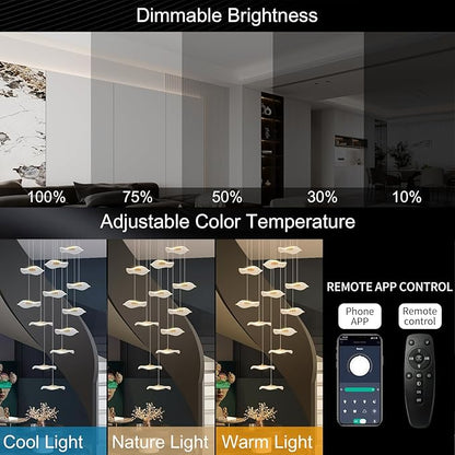 ziidoo High Ceiling Chandelier - 18-Light Dimmable Modern Gold Long Spiral Luxury Linear Lotus Leaf Led Lamp Hanging Pendant Lights for Foyer Enterway Staircase Villas