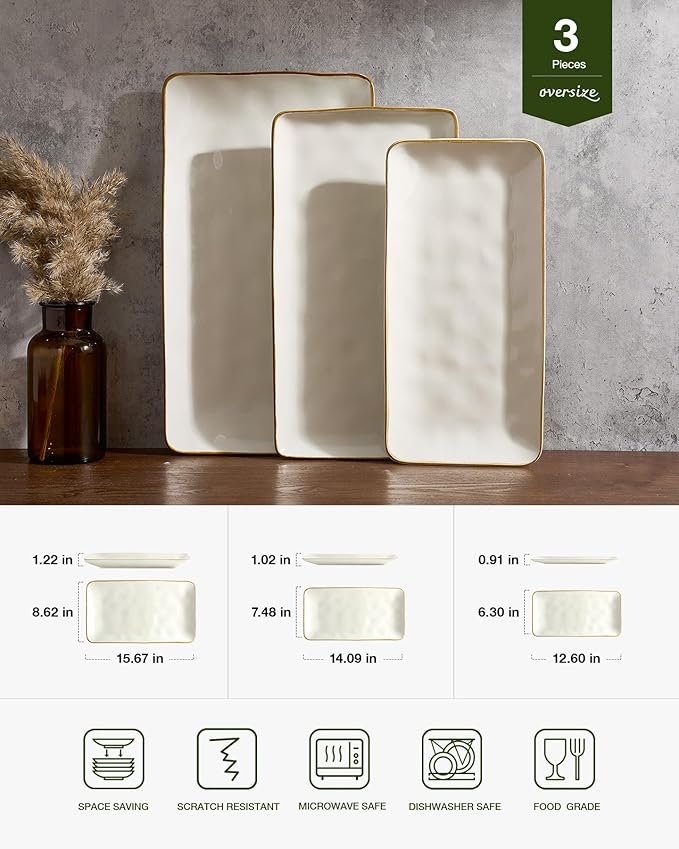 famiware Serving Platter, Rectangular 15.67/14.1/12.6inch Serving Dishes for Entertaining, Microwave Dishwasher Safe, Stoneware for Party, Turkey, Cheese, Ocean Series, Vanilla White