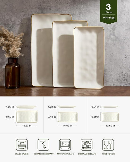 famiware Serving Platter, Rectangular 15.67/14.1/12.6inch Serving Dishes for Entertaining, Microwave Dishwasher Safe, Stoneware for Party, Turkey, Cheese, Ocean Series, Vanilla White