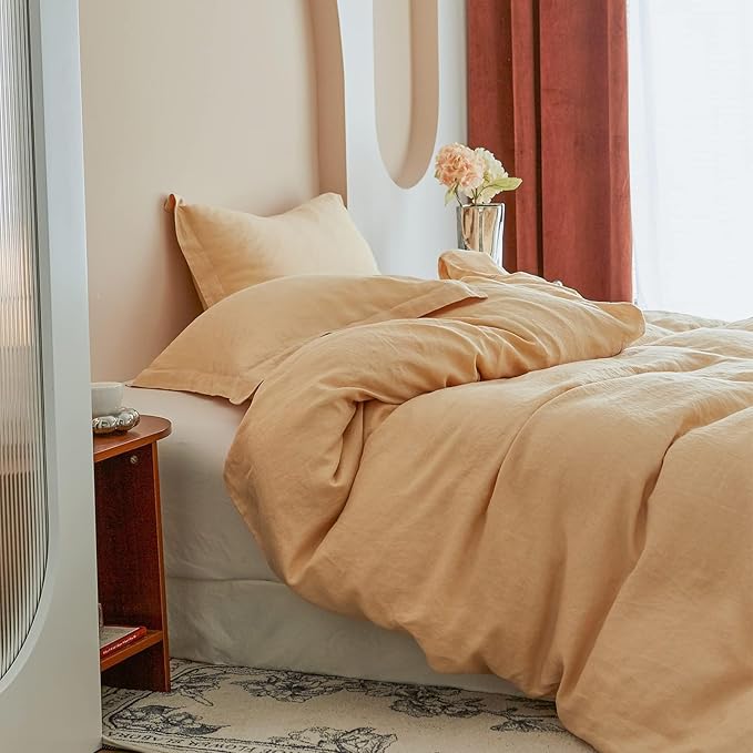 Simple&Opulence 100% Linen Duvet Cover Set, 3 PCS Natural French Flax Sand Duvet Cover Queen Size, Breathable Soft Comfy Linen Bedding Comforter Cover with 2 Pillowcases(Sand, 88"x92")