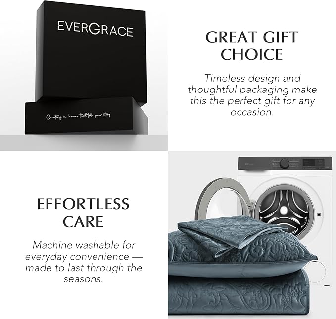 EVERGRACE Luxury Pearl Velvet Quilt Set Queen Size 3 Pieces, Soft Paisley-Stitch Velvet Comforter Set with Pillow Shams, Lightweight Bedspread Coverlet Bedding Set, Stormy Blue