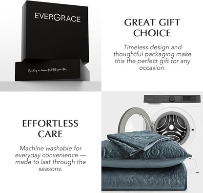 EVERGRACE Luxury Pearl Velvet Quilt Set Queen Size 3 Pieces, Soft Paisley-Stitch Velvet Comforter Set with Pillow Shams, Lightweight Bedspread Coverlet Bedding Set, Stormy Blue