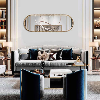 Oval Full Length Wall Mirror, 16"x47" Metal Beaded Frame Large Hanging Dressing Floor Mirror for Bedroom, Living Room, Entryway, Antique Gold (No Stand)