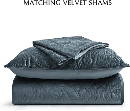 EVERGRACE Luxury Pearl Velvet Quilt Set King Size 3 Pieces, Soft Paisley-Stitch Velvet Comforter Set with Pillow Shams, Lightweight Bedspread Coverlet Bedding Set, Stormy Blue