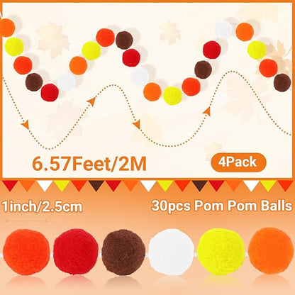 MARFOREVER 4 Pack 26.3 Ft Fall Pom Pom Garlands, Thanksgiving 30 Balls Oange Yellow Fall Felt Ball Garlands Decorations for Autumn Harvest Thanksgiving Day Party Home Classroom Hanging Decor Supplies