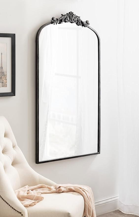 Kate and Laurel Arendahl Vintage Glam Arched Tall Panel Mirror; 24 x 42; Antique Black; Traditional Baroque Large Body Wall Mirror with Ornate Garland Inspired Crown