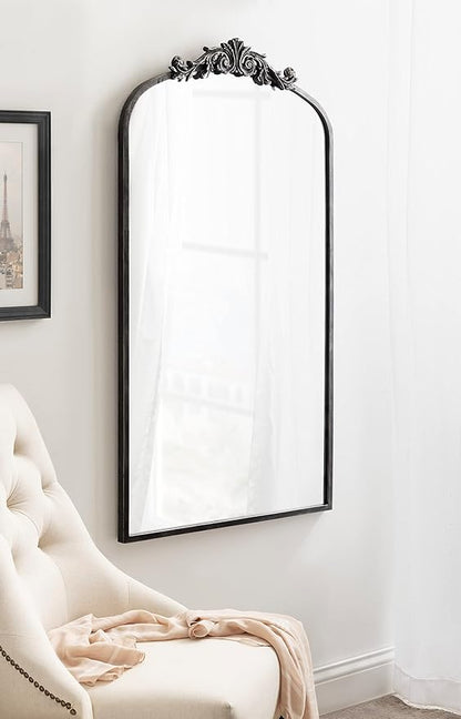 Kate and Laurel Arendahl Vintage Glam Arched Tall Panel Mirror; 24 x 42; Antique Black; Traditional Baroque Large Body Wall Mirror with Ornate Garland Inspired Crown