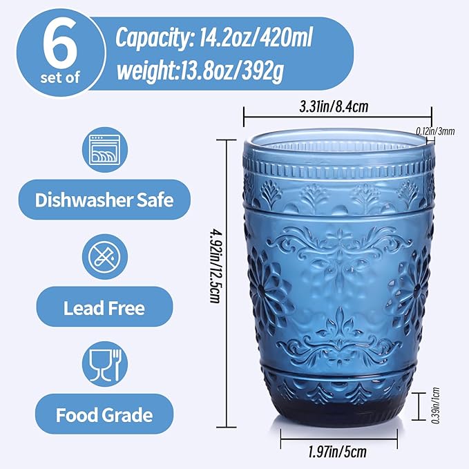 6Pcs 14OZ Drinking Highball Beverage Glass Cup, Blue Drinking Glasses, Colored Glassware Set for Party Wedding, Home, Office, Water, Juice, Cocktail, Highball Glasses