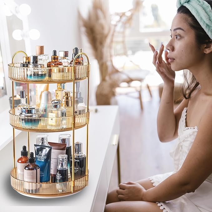 Rotating Makeup Organizer Countertop 3 Tier Lazy Susan Clear Skincare Perfume Storage for Bathroom Counter Vanity, Amber Gold