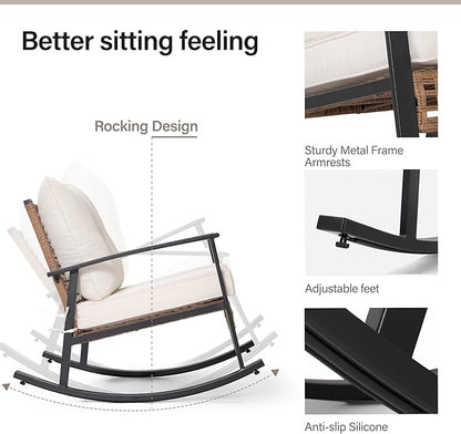 LAUSAINT HOME 3-Piece Rocking Bistro Set, Outdoor Chair Patio Furniture with Thick Cushions and 2-Tier CoffeeTable, Oversize Rattan Conversation Set for Garden, Balcony, Backyard (Beige)