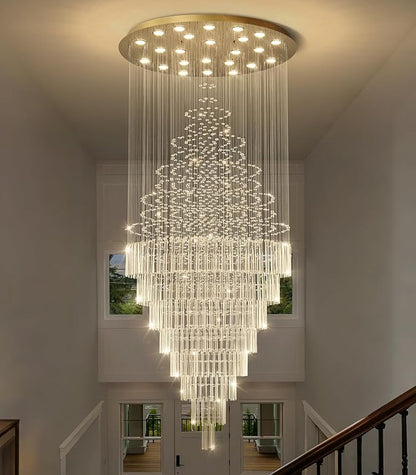 W47 x H120 Crystal LED Chandelier with Light Bulbs Luxury Raindrop High Ceiling Chandeliers for Entryway Villa Staircase Foyer Living Room Lighting Fixtures Gold