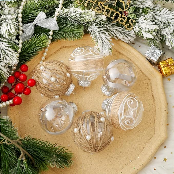 XmasExp Christmas Ball Ornaments Set, Farmhouse Rustic Christmastree Decorations,12ct Large Shatterproof Plastic Hanging Ornaments, 70mm/2.76", Beige