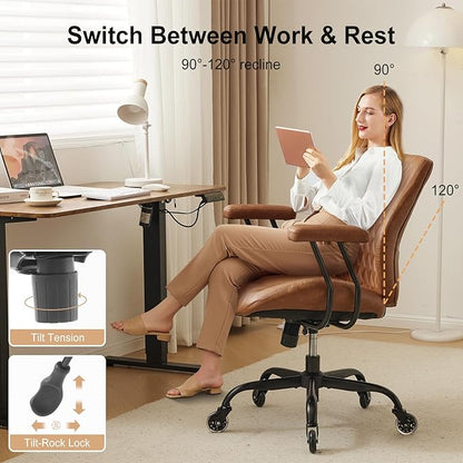 YFO Home Office Chair Office Rubber Casters Ergonomic Computer Chair with Lumbar Support Adjustable Height Rolling Swivel Executive Task Armrests Chair， Brown Leather